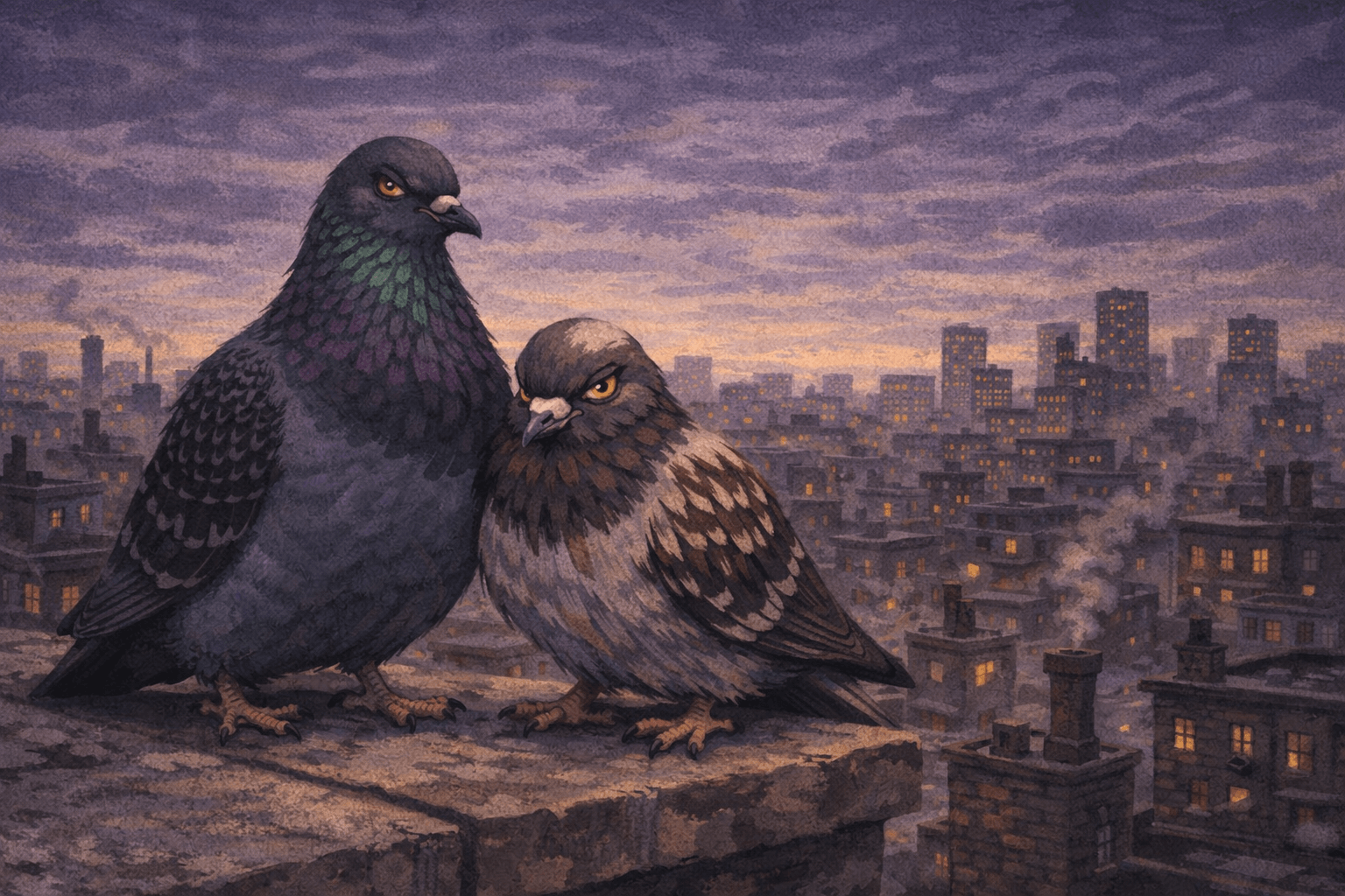 Two pigeons on a Chicago rooftop in winter
